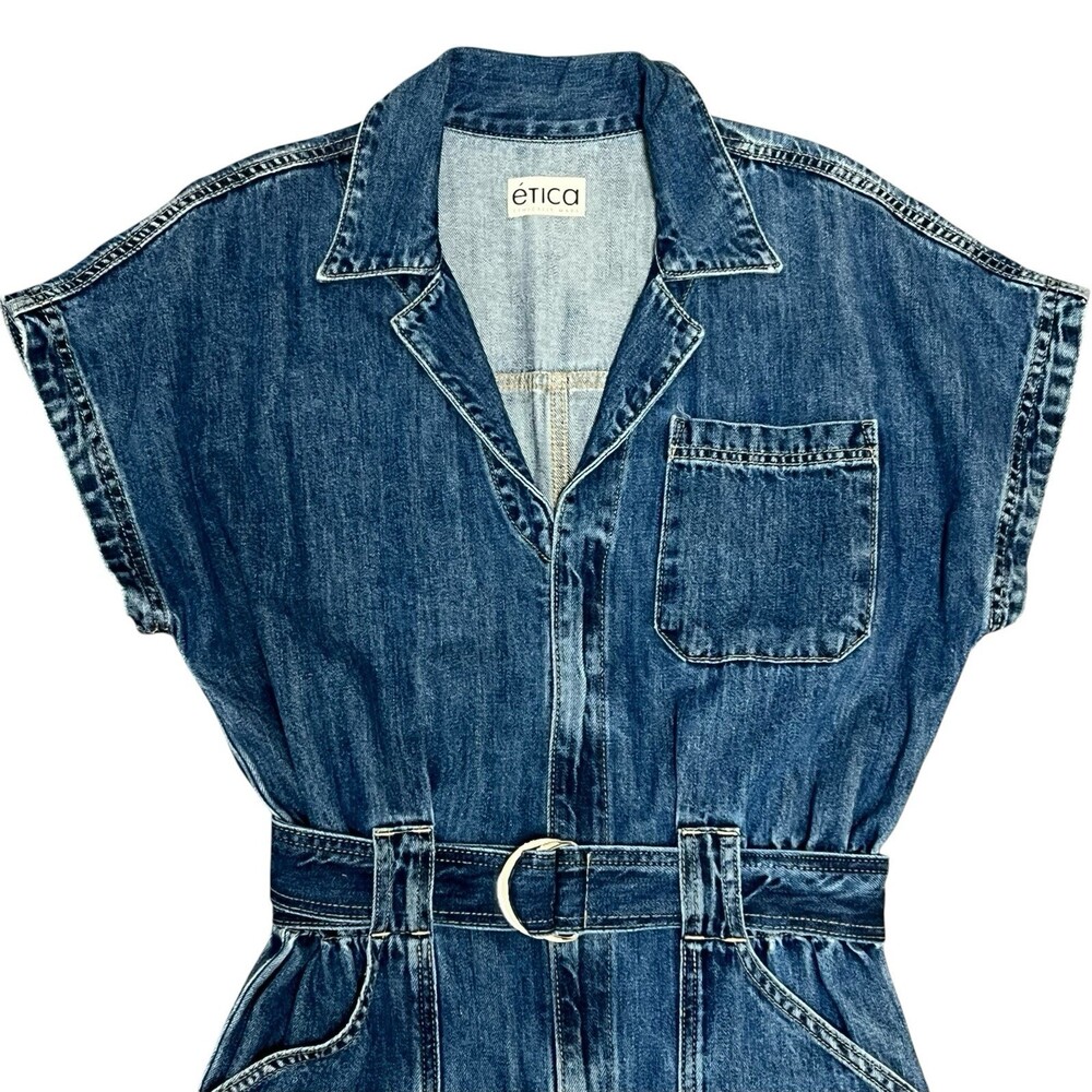 NWT ETICA Megg Utility Denim Jumpsuit Women's Large Dark Blue Belted Belt Pocket - Picture 4 of 13